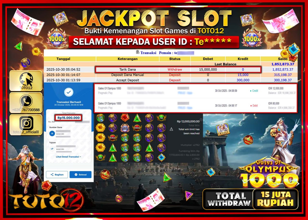 HANYA DI TOTO12 JP PASTI DI BAYAR LUNAS DAN CEPAT!!!!!! JACKPOT SLOT GAME (GATES OF OLYMPUS 1000) Rp.15.000.000 !!!!