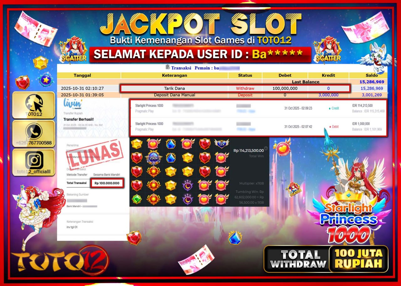 HANYA DI TOTO12 JP PASTI DI BAYAR LUNAS DAN CEPAT!!!!!! JACKPOT SLOT GAME (STARLIGHT PRINCESS 1000) Rp.100.000.000 !!!!