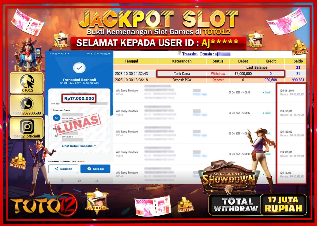 HANYA DI TOTO12 JP PASTI DI BAYAR LUNAS DAN CEPAT!!!!!! JACKPOT SLOT GAME (WILD BOUNTY SHOWDOWN) Rp.17.000.000 !!!!