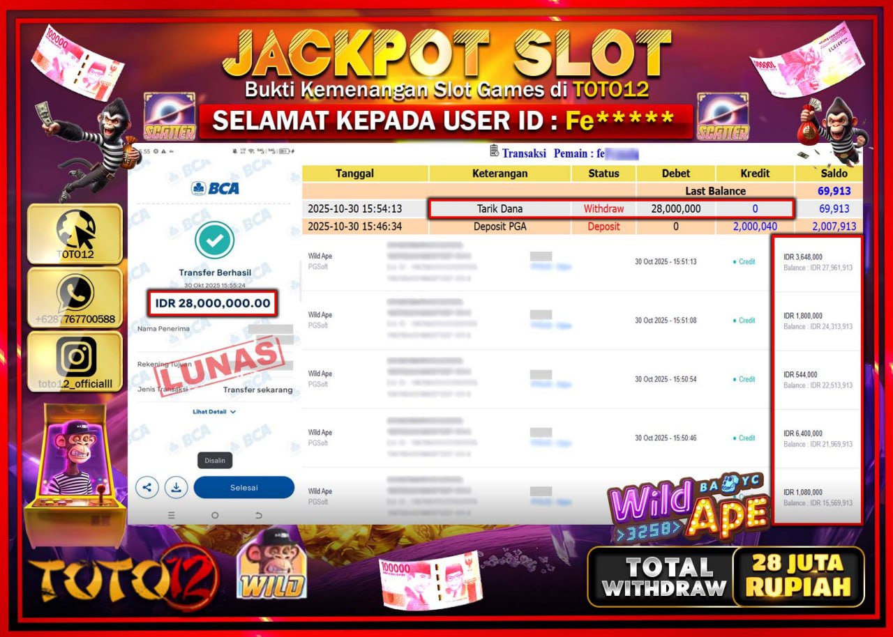 HANYA DI TOTO12 JP PASTI DI BAYAR LUNAS DAN CEPAT!!!!!! JACKPOT SLOT GAME (WILD APE) Rp.28.000.000 !!!!