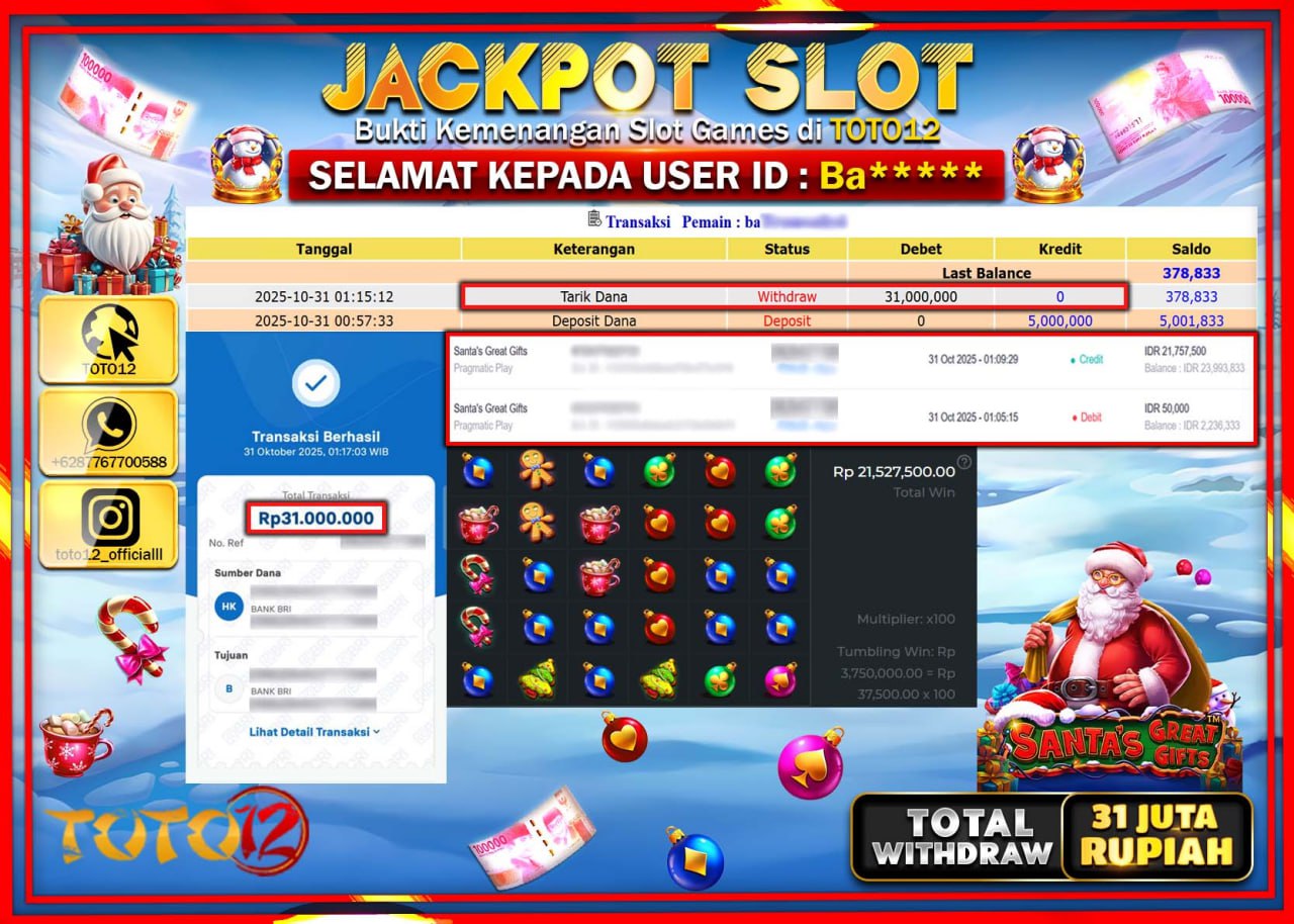 HANYA DI TOTO12 JP PASTI DI BAYAR LUNAS DAN CEPAT!!!!!! JACKPOT SLOT GAME (SANTAS GREAT GIFTS) Rp.31.000.000 !!!!