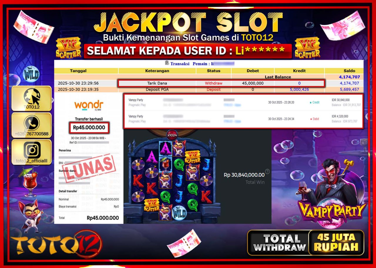 HANYA DI TOTO12 JP PASTI DI BAYAR LUNAS DAN CEPAT!!!!!! JACKPOT SLOT GAME (VAMPY PARTY) Rp.45.000.000 !!!!