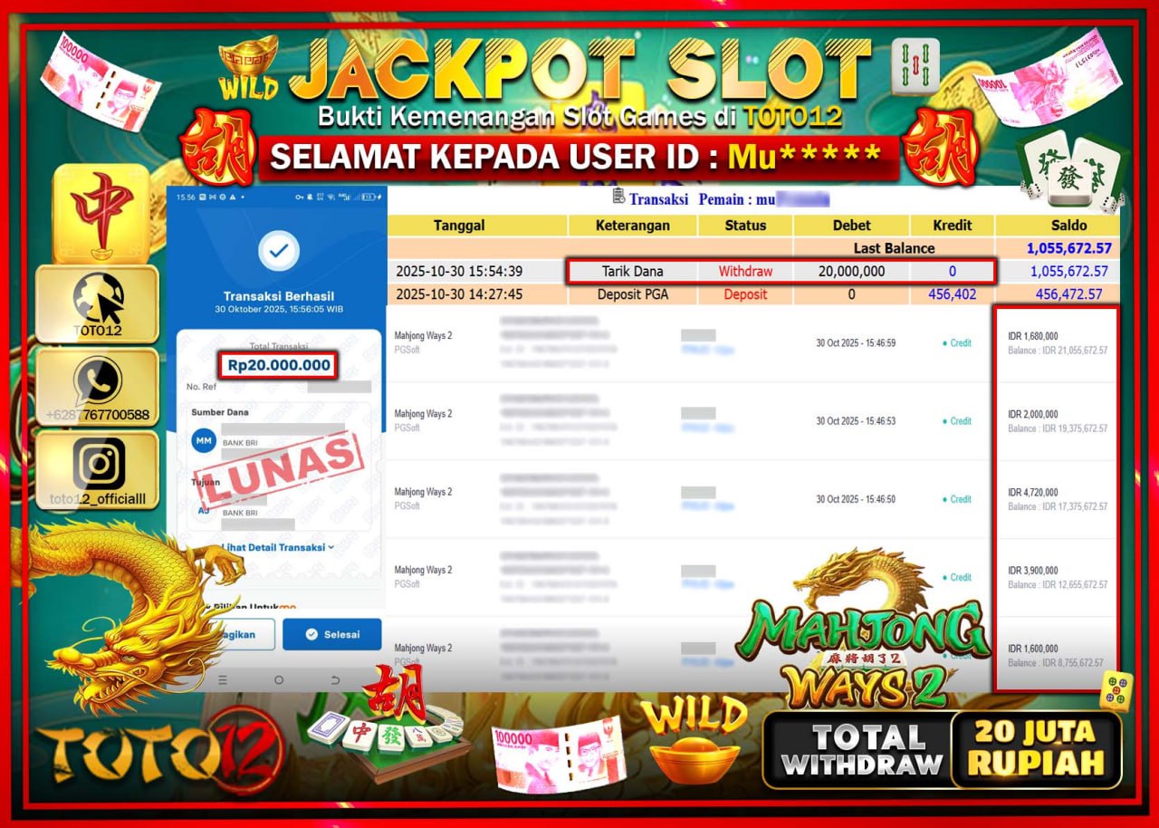HANYA DI TOTO12 JP PASTI DI BAYAR LUNAS DAN CEPAT!!!!!! JACKPOT SLOT GAME (MAHJONG WAYS 2) Rp.20.000.000 !!!!