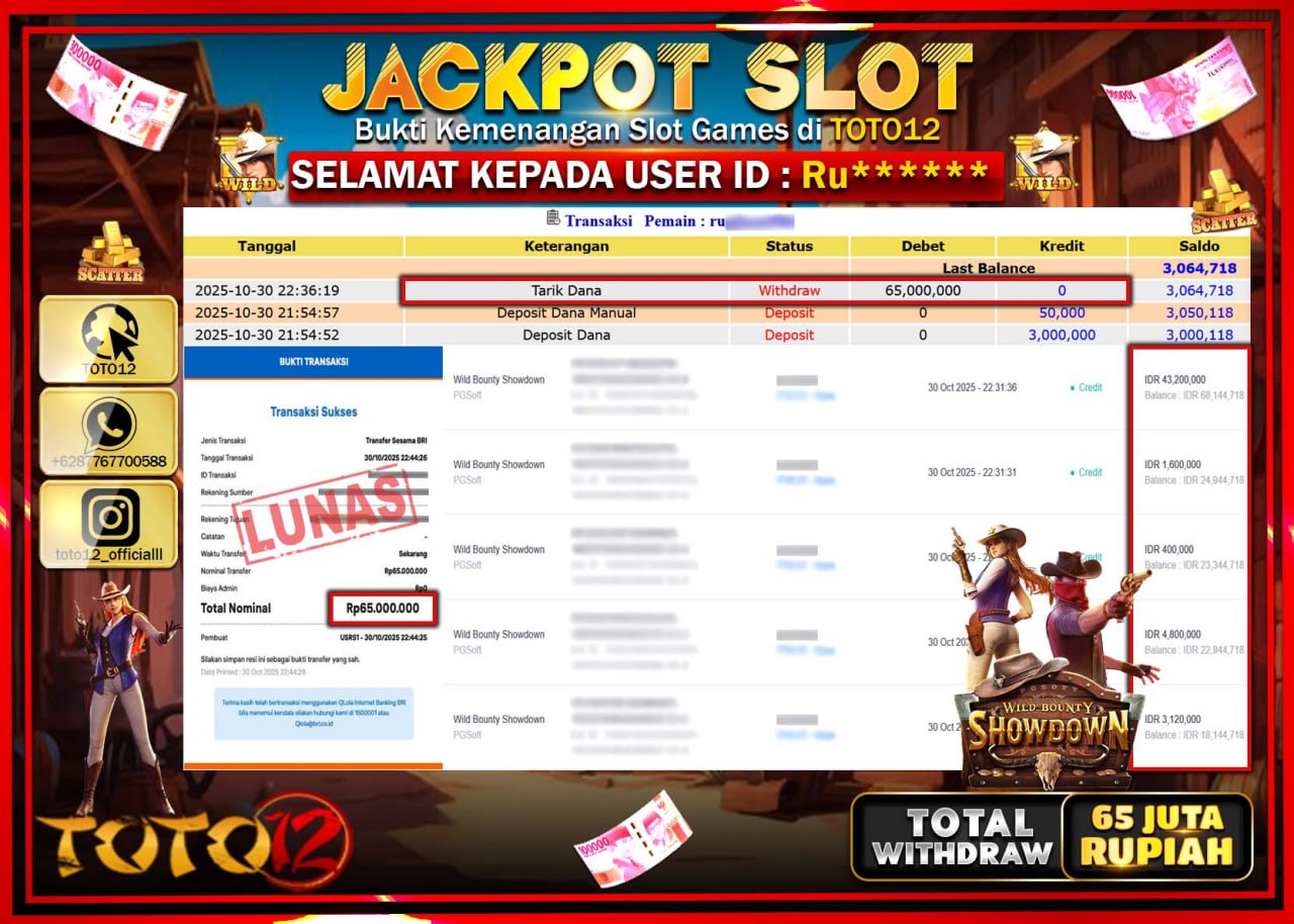 HANYA DI TOTO12 JP PASTI DI BAYAR LUNAS DAN CEPAT!!!!!! JACKPOT SLOT GAME (WILD BOUNTY SHOWDOWN) Rp.65.000.000 !!!!