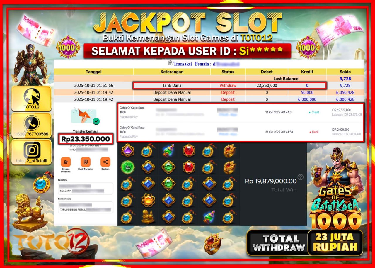 HANYA DI TOTO12 JP PASTI DI BAYAR LUNAS DAN CEPAT!!!!!! JACKPOT SLOT GAME (GATES OF GATOT KACA 1000) Rp.23.350.000 !!!!