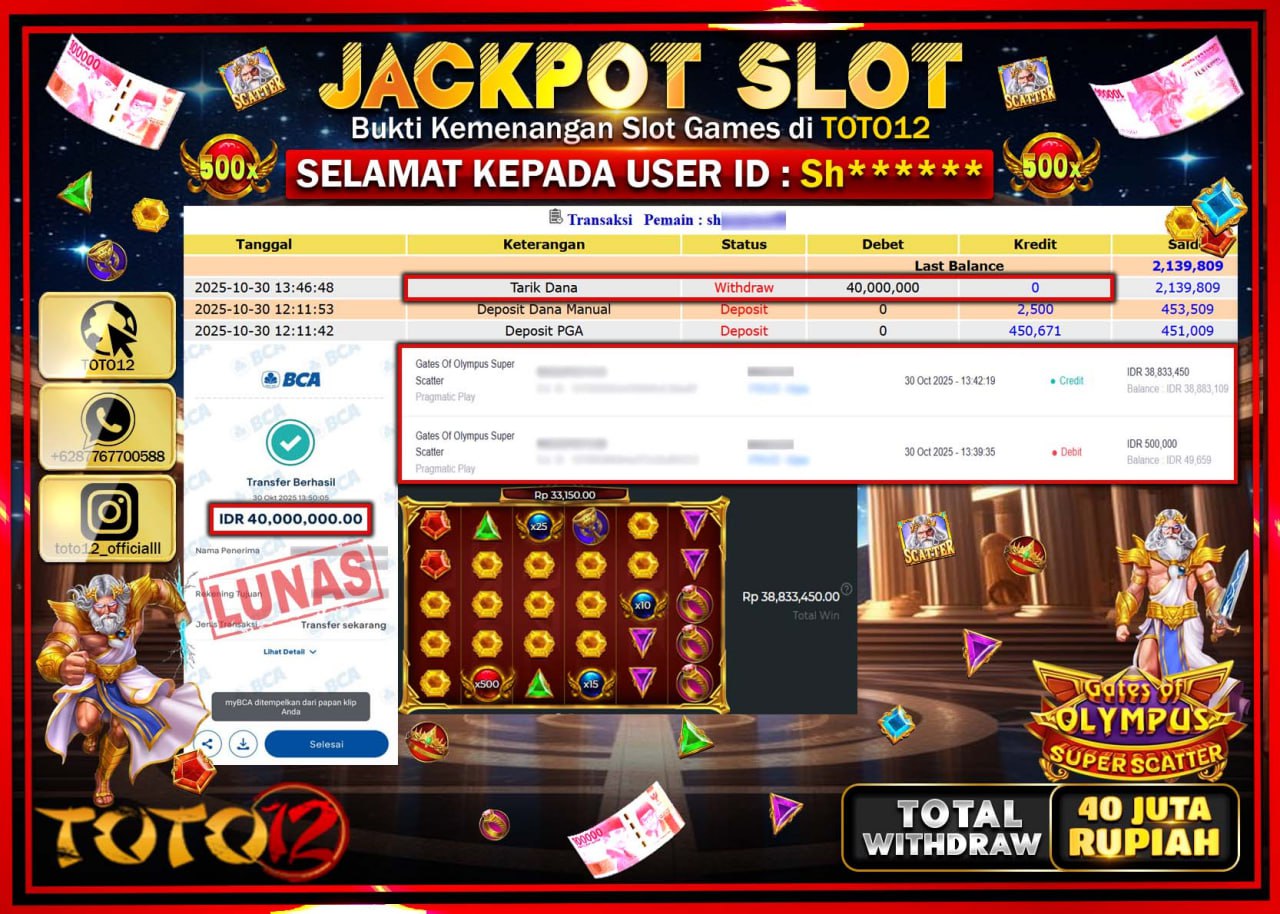HANYA DI TOTO12 JP PASTI DI BAYAR LUNAS DAN CEPAT!!!!!! JACKPOT SLOT GAME (GATES OF OLYMPUS SUPER SCATTER) Rp.40.000.000 !!!!