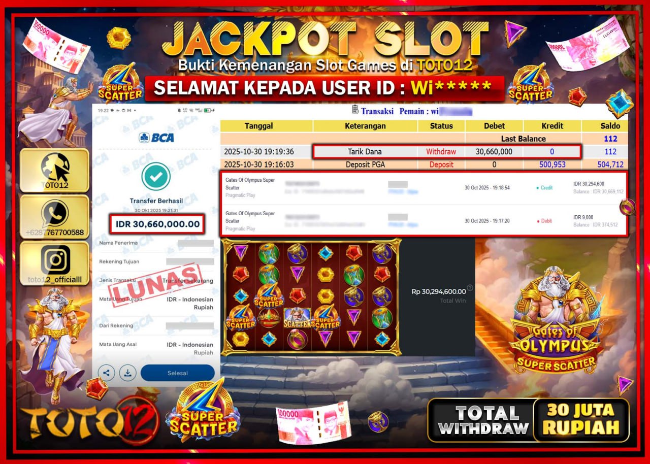 HANYA DI TOTO12 JP PASTI DI BAYAR LUNAS DAN CEPAT!!!!!! JACKPOT SLOT GAME (GATES OF OLYMPUS SUPER SCATTER) Rp.30.660.000 !!!!