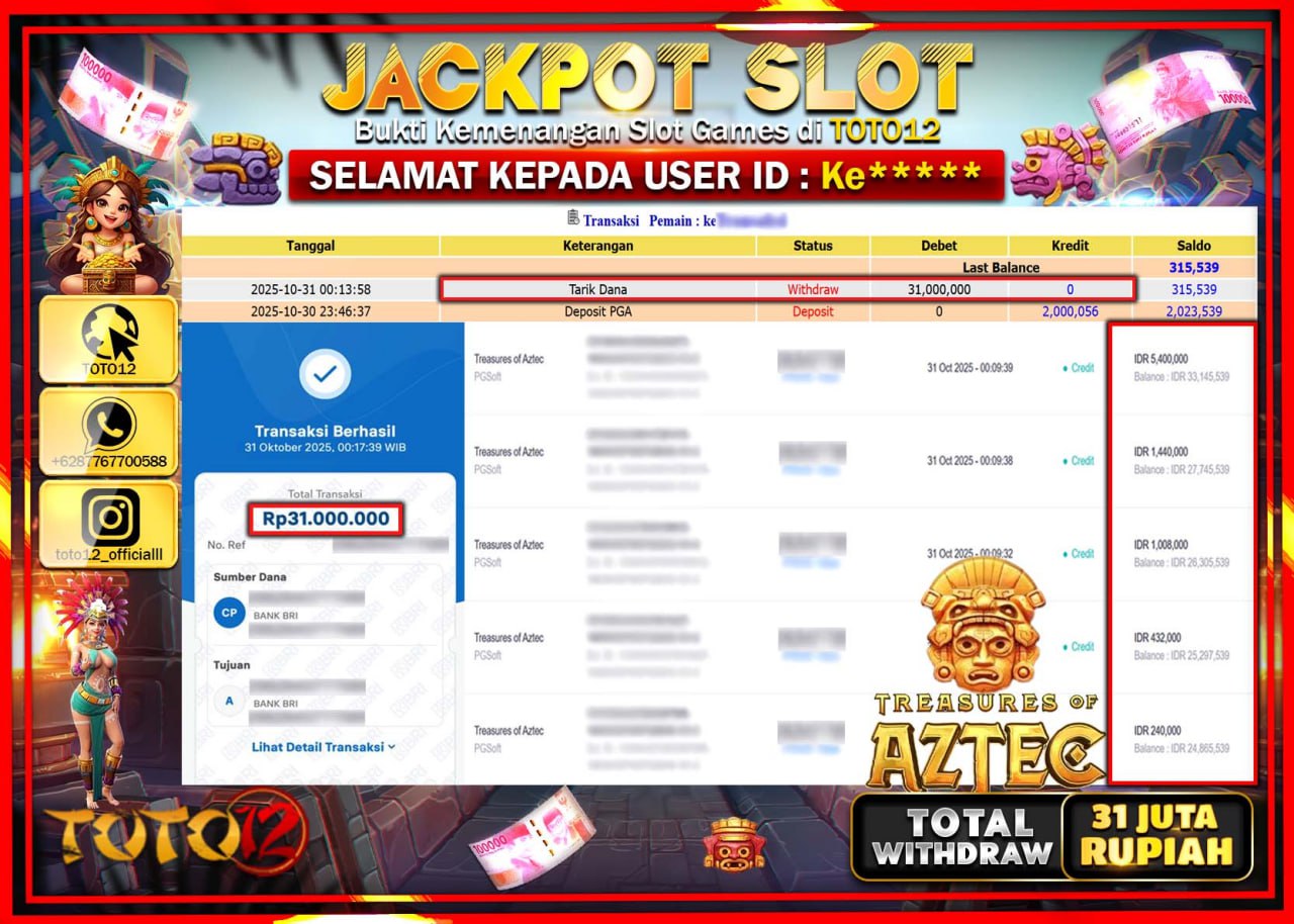 HANYA DI TOTO12 JP PASTI DI BAYAR LUNAS DAN CEPAT!!!!!! JACKPOT SLOT GAME (TREASURES OF AZTEC) Rp.31.000.000 !!!!