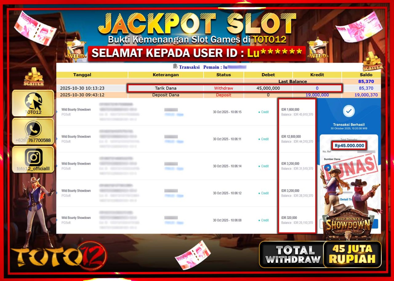 HANYA DI TOTO12 JP PASTI DI BAYAR LUNAS DAN CEPAT!!!!!! JACKPOT SLOT GAME (WILD BOUNTY SHOWDOWN) Rp.45.000.000 !!!!