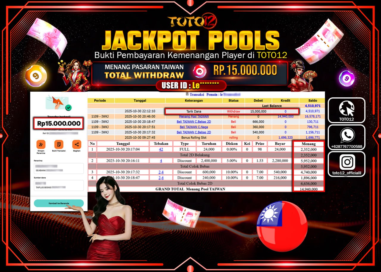 HANYA DI TOTO12 JP PASTI DI BAYAR LUNAS DAN CEPAT!!!!!! JACKPOT POOLS PASARAN (TAIWAN) Rp.15.000.000 !!!!