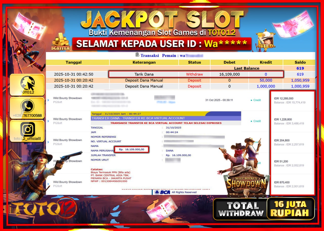HANYA DI TOTO12 JP PASTI DI BAYAR LUNAS DAN CEPAT!!!!!! JACKPOT SLOT GAME (WILD BOUNTY SHOWDOWN) Rp.16.109.000 !!!!