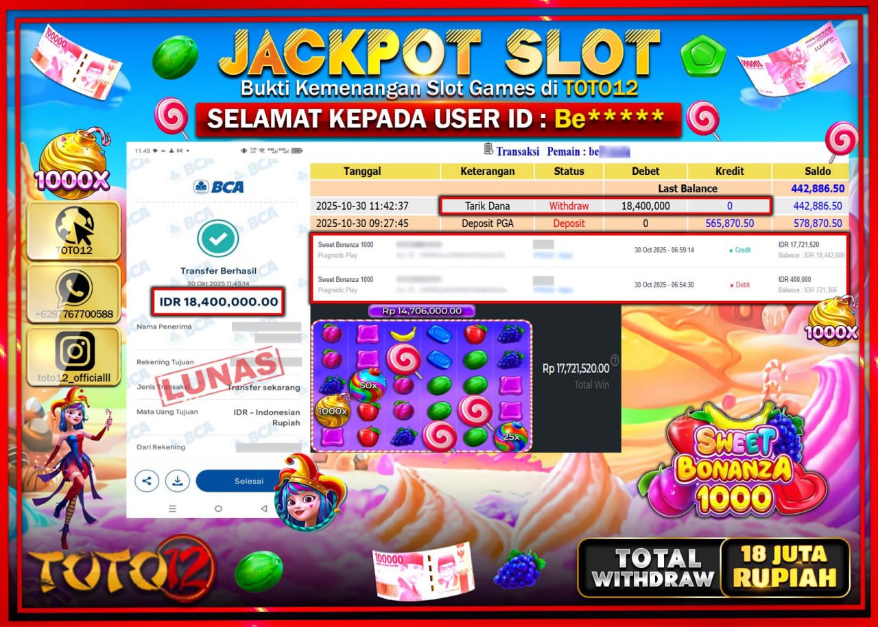 HANYA DI TOTO12 JP PASTI DI BAYAR LUNAS DAN CEPAT!!!!!! JACKPOT SLOT GAME (SWEET BONANZA 1000) Rp.18.400.000 !!!!