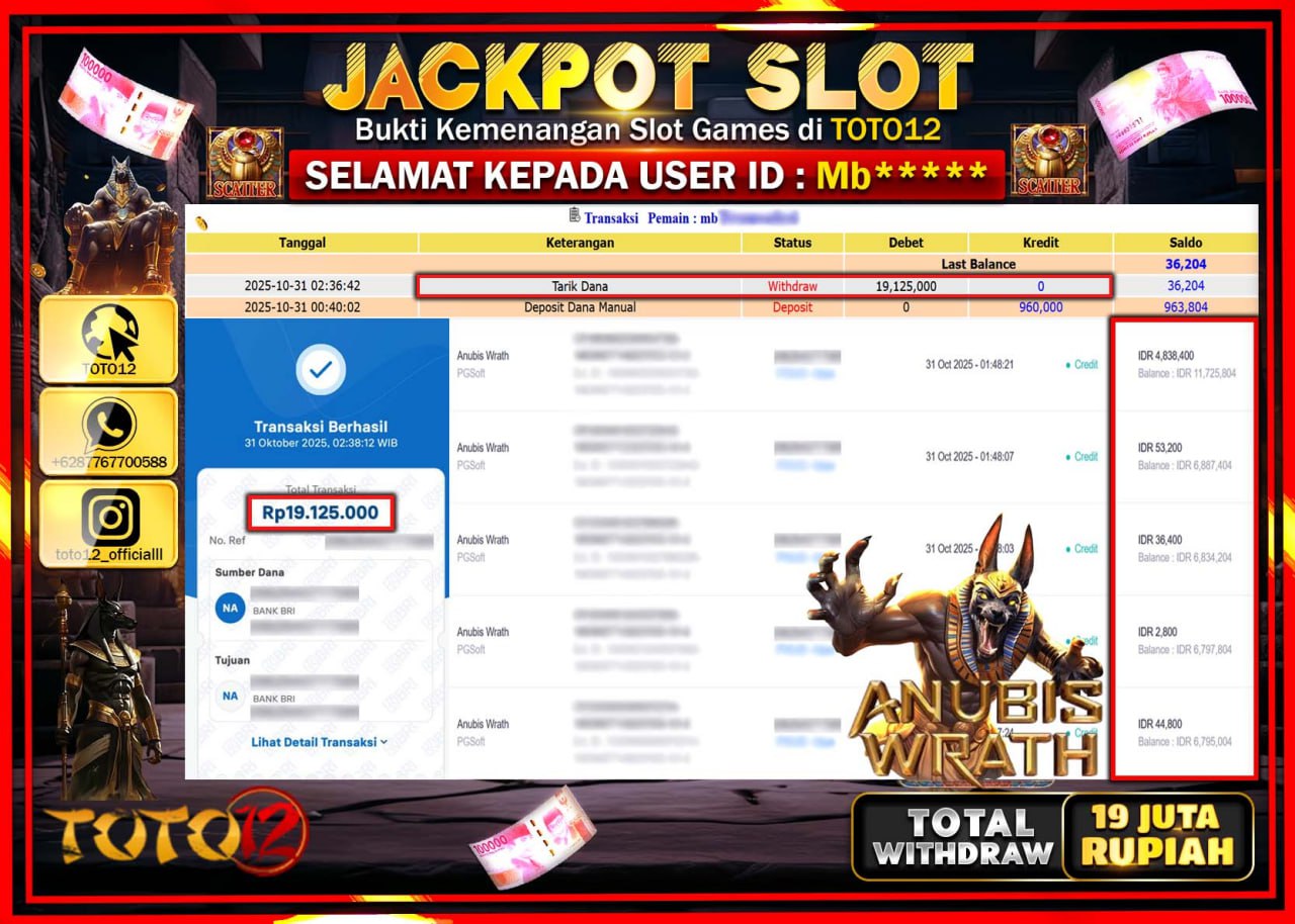 HANYA DI TOTO12 JP PASTI DI BAYAR LUNAS DAN CEPAT!!!!!! JACKPOT SLOT GAME (ANUBIS WRATH) Rp.19.125.000 !!!!