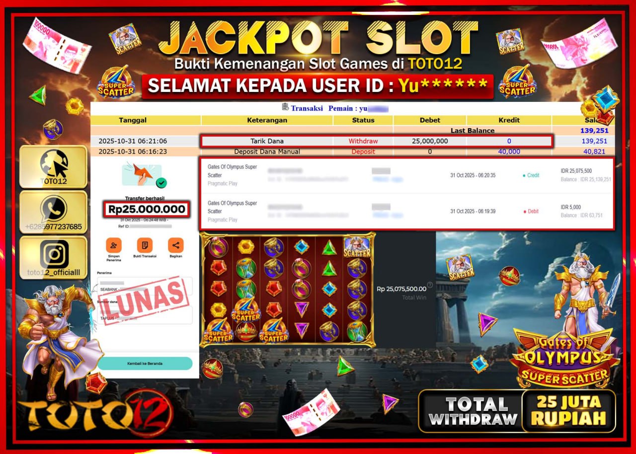 HANYA DI TOTO12 JP PASTI DI BAYAR LUNAS DAN CEPAT!!!!!! JACKPOT SLOT GAME (GATES OF OLYMPUS SUPER SCATTER) Rp.25.000.000 !!!!