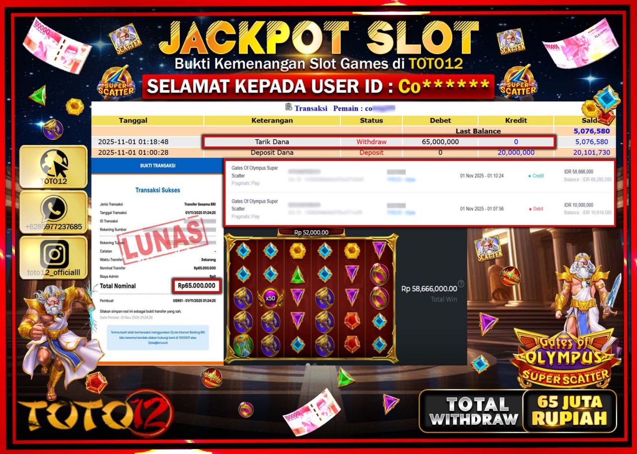 HANYA DI TOTO12 JP PASTI DI BAYAR LUNAS DAN CEPAT!!!!!! JACKPOT SLOT GAME (GATES OF OLYMPUS SUPER SCATTER) Rp.65.000.000 !!!!