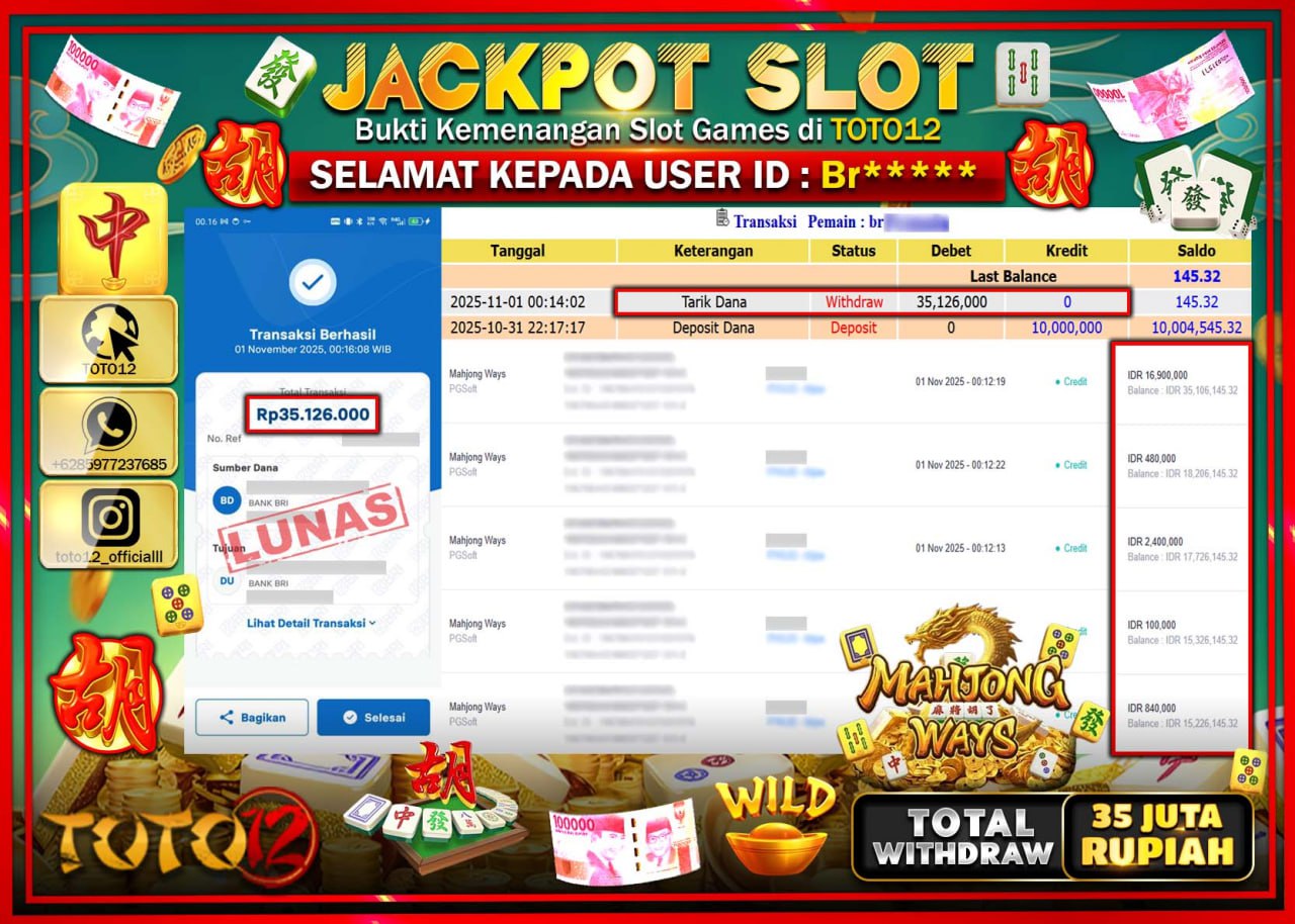 HANYA DI TOTO12 JP PASTI DI BAYAR LUNAS DAN CEPAT!!!!!! JACKPOT SLOT GAME (MAHJONG WAYS) Rp.35.126.000 !!!!