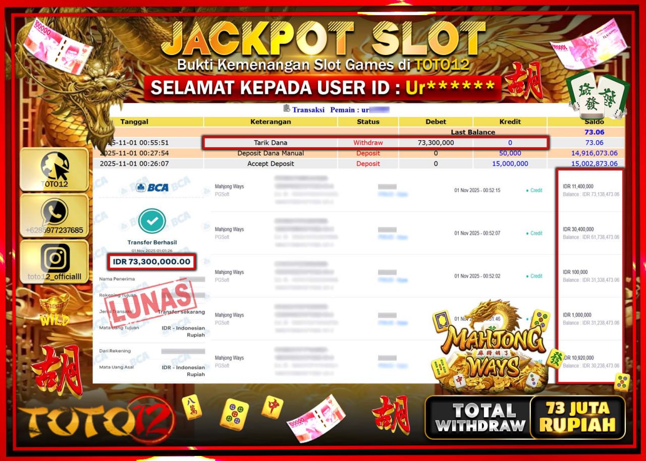 HANYA DI TOTO12 JP PASTI DI BAYAR LUNAS DAN CEPAT!!!!!! JACKPOT SLOT GAME (MAHJONG WAYS) Rp.73.300.000 !!!!