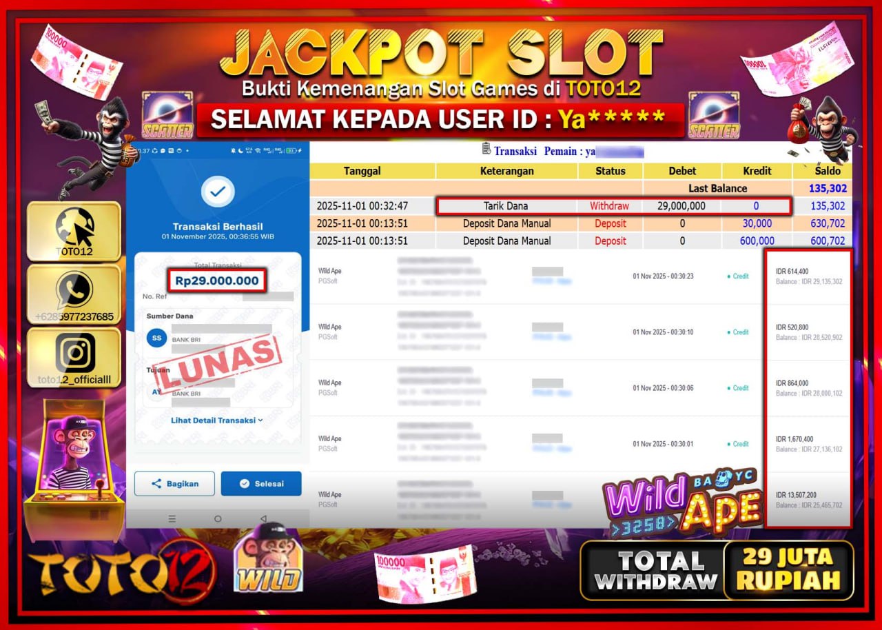 HANYA DI TOTO12 JP PASTI DI BAYAR LUNAS DAN CEPAT!!!!!! JACKPOT SLOT GAME (WILD APE) Rp.29.000.000 !!!!