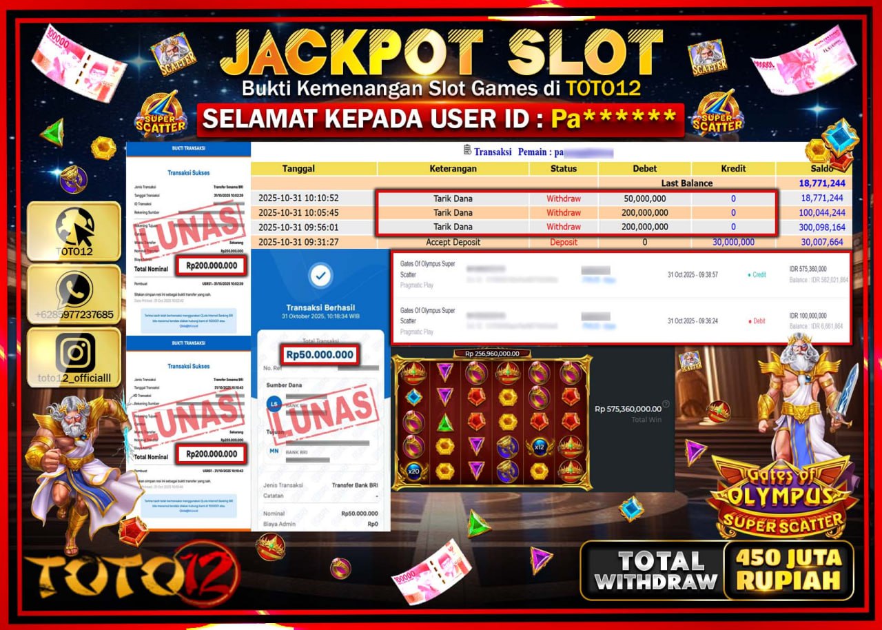 HANYA DI TOTO12 JP PASTI DI BAYAR LUNAS DAN CEPAT!!!!!! JACKPOT SLOT GAME (GATES OF OLYMPUS SUPER SCATTER) Rp.450.000.000 !!!!