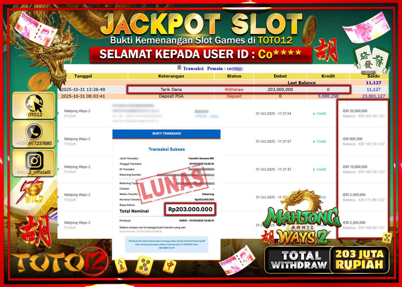 HANYA DI TOTO12 JP PASTI DI BAYAR LUNAS DAN CEPAT!!!!!! JACKPOT SLOT GAME (MAHJONG WAYS 2) Rp.203.000.000 !!!!