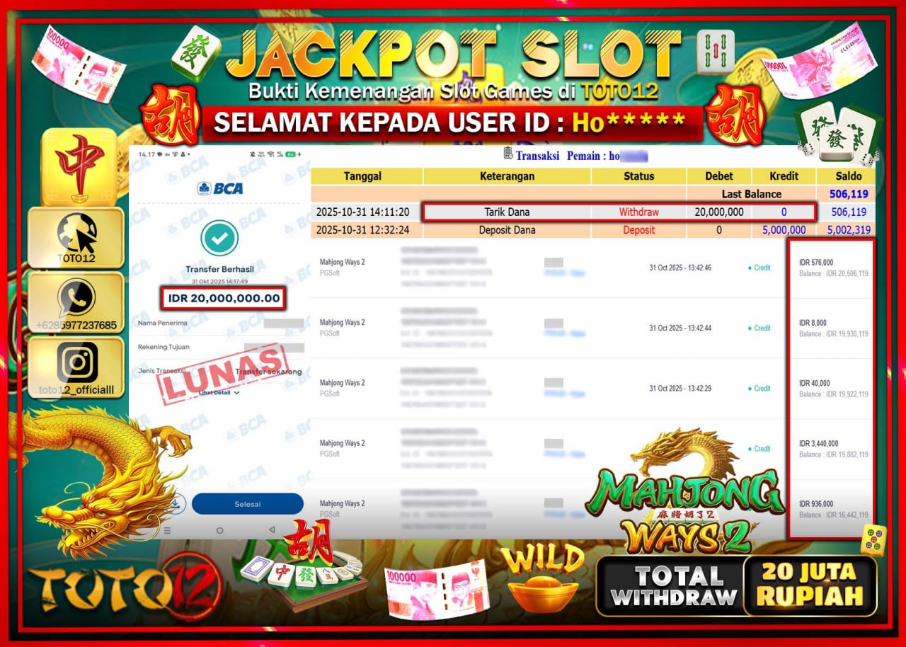 HANYA DI TOTO12 JP PASTI DI BAYAR LUNAS DAN CEPAT!!!!!! JACKPOT SLOT GAME (MAHJONG WAYS 2) Rp.20.000.000 !!!!