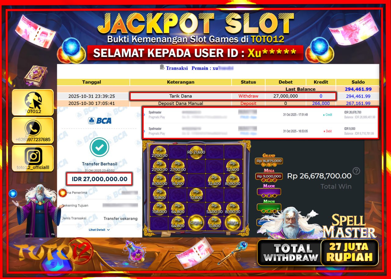 HANYA DI TOTO12 JP PASTI DI BAYAR LUNAS DAN CEPAT!!!!!! JACKPOT SLOT GAME (SPELL MASTER) Rp.27.000.000 !!!!