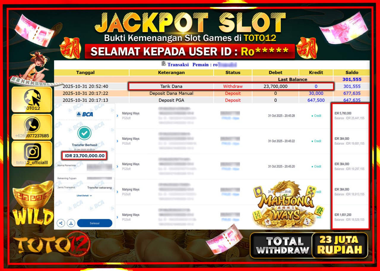 HANYA DI TOTO12 JP PASTI DI BAYAR LUNAS DAN CEPAT!!!!!! JACKPOT SLOT GAME (MAHJONG WAYS) Rp.23.700.000 !!!!