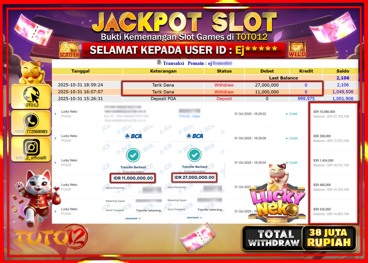 HANYA DI TOTO12 JP PASTI DI BAYAR LUNAS DAN CEPAT!!!!!! JACKPOT SLOT GAME (LUCKY NEKO) Rp.38.000.000 !!!!