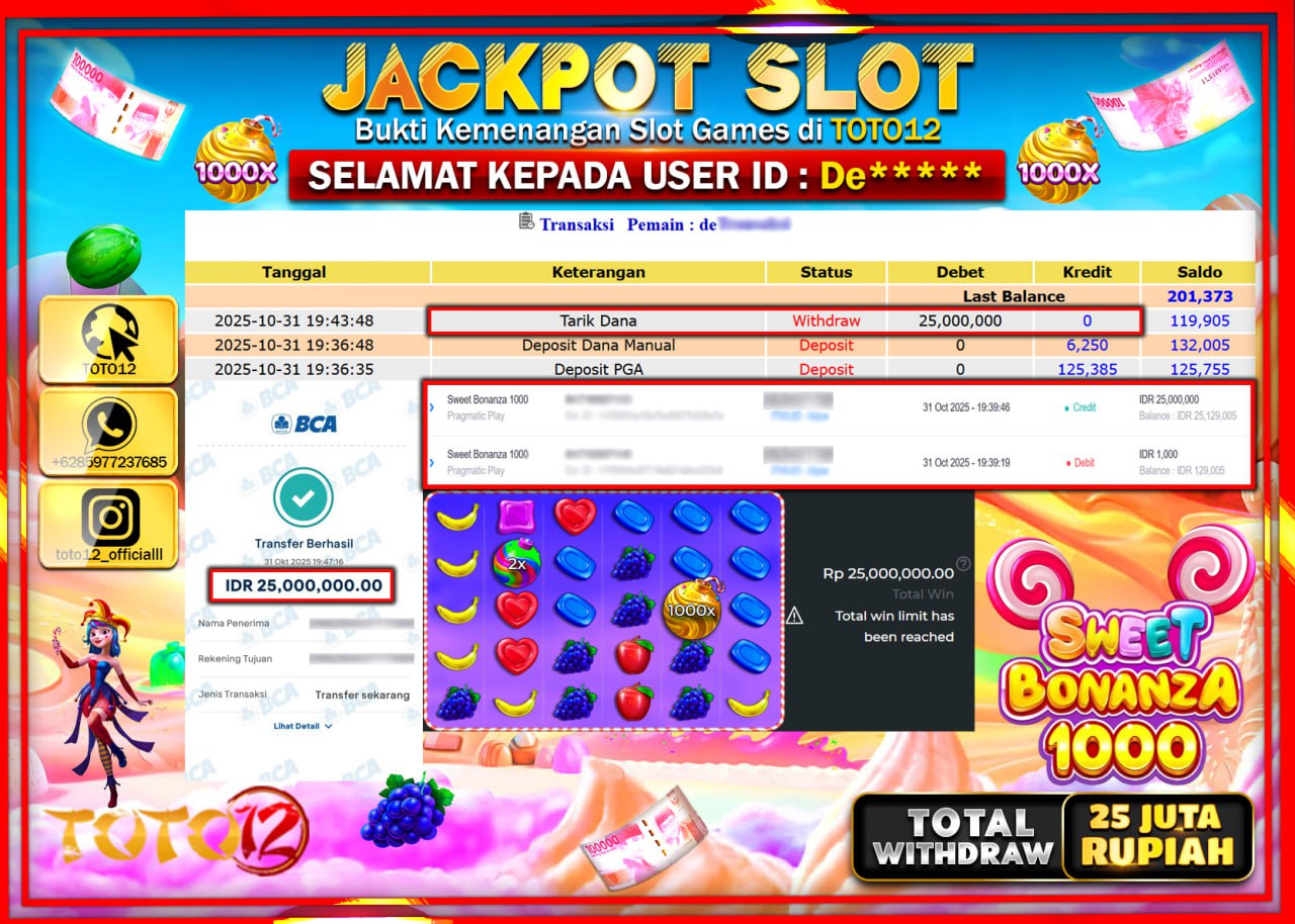 HANYA DI TOTO12 JP PASTI DI BAYAR LUNAS DAN CEPAT!!!!!! JACKPOT SLOT GAME (SWEET BONANZA 1000) Rp.25.000.000 !!!!