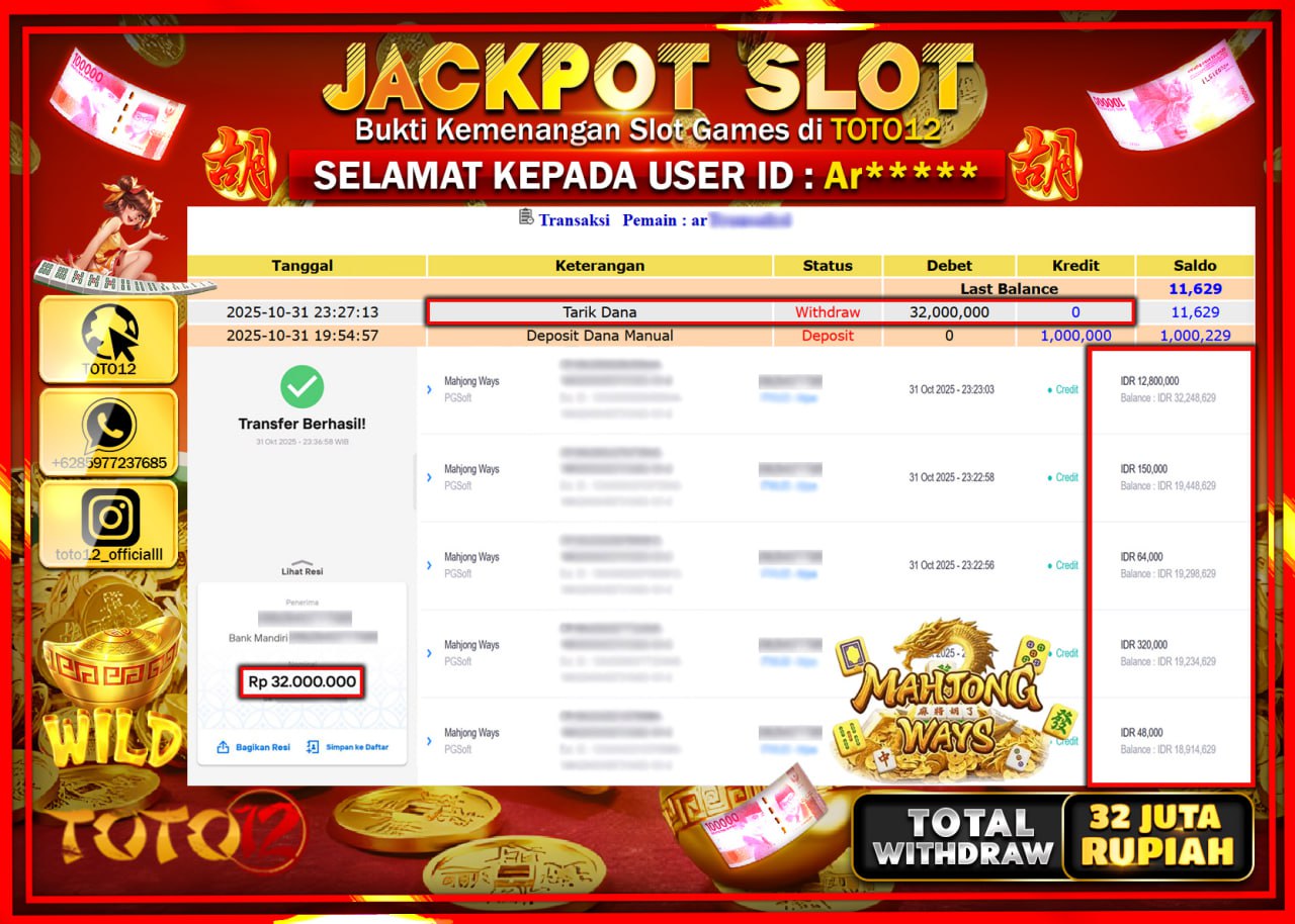HANYA DI TOTO12 JP PASTI DI BAYAR LUNAS DAN CEPAT!!!!!! JACKPOT SLOT GAME (MAHJONG WAYS) Rp.32.000.000 !!!!