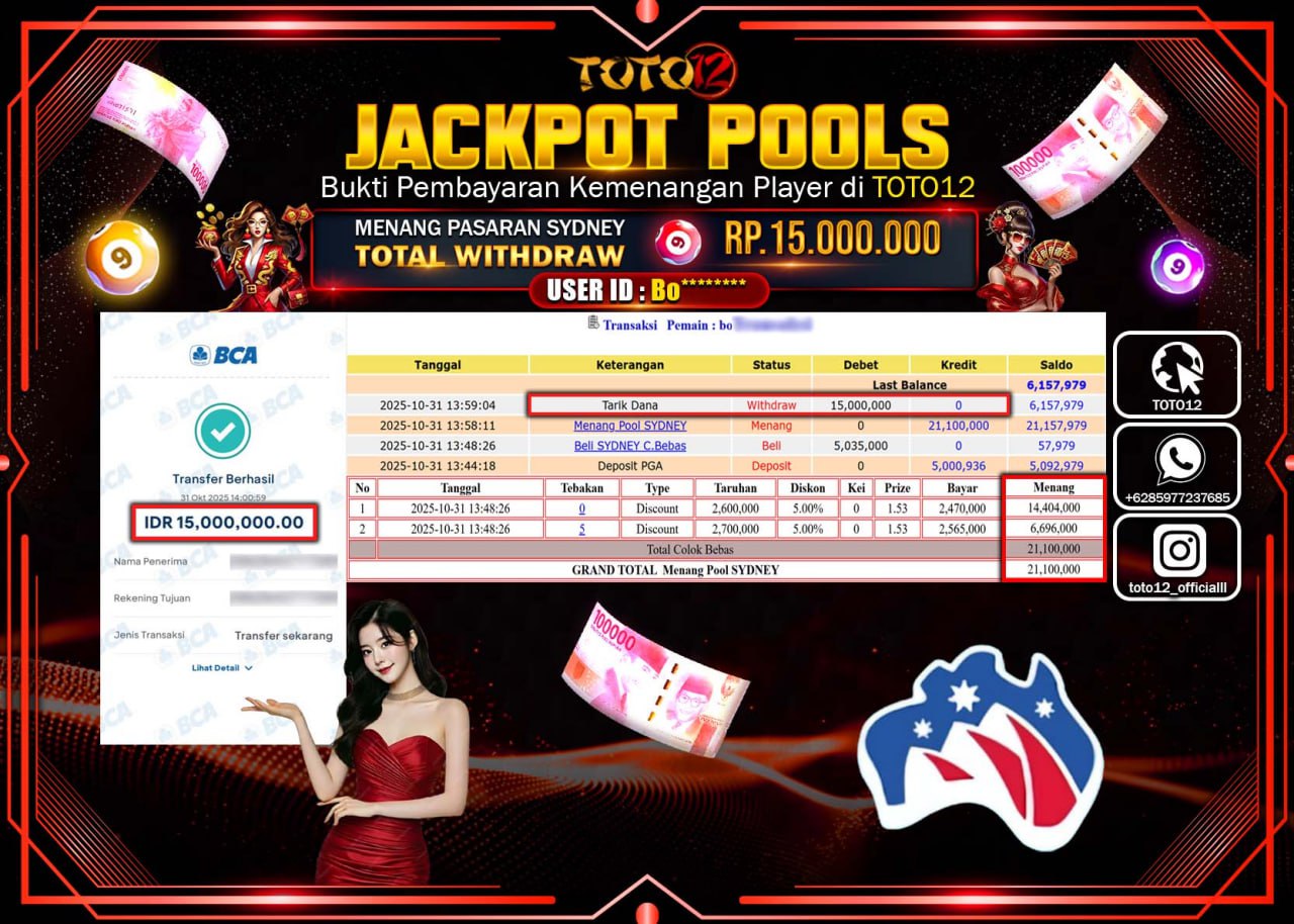 HANYA DI TOTO12 JP PASTI DI BAYAR LUNAS DAN CEPAT!!!!!! JACKPOT POOLS PASARAN (SYDNEY) Rp.15.000.000 !!!!