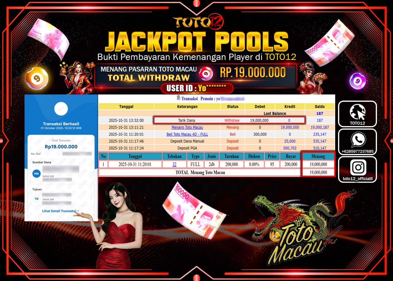 HANYA DI TOTO12 JP PASTI DI BAYAR LUNAS DAN CEPAT!!!!!! JACKPOT POOLS PASARAN (MACAU 4D) Rp.19.000.000 !!!!
