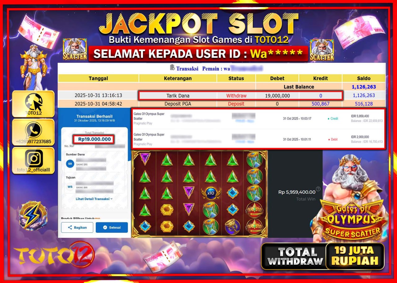 HANYA DI TOTO12 JP PASTI DI BAYAR LUNAS DAN CEPAT!!!!!! JACKPOT SLOT GAME (GATES OF OLYMPUS SUPER SCATTER) Rp.19.000.000 !!!!