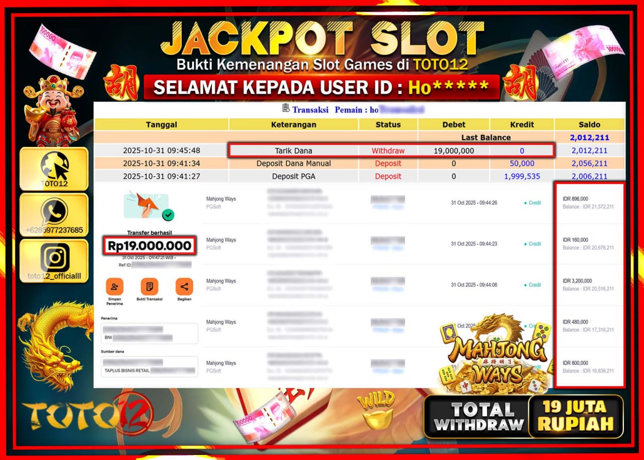 HANYA DI TOTO12 JP PASTI DI BAYAR LUNAS DAN CEPAT!!!!!! JACKPOT SLOT GAME (MAHJONG WAYS) Rp.19.000.000 !!!!