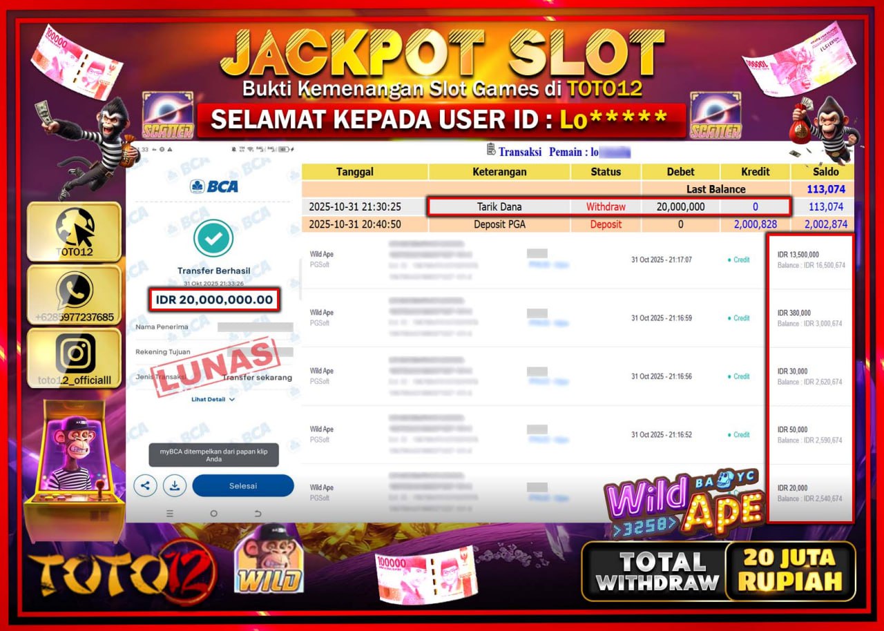 HANYA DI TOTO12 JP PASTI DI BAYAR LUNAS DAN CEPAT!!!!!! JACKPOT SLOT GAME (WILD APE) Rp.20.000.000 !!!!