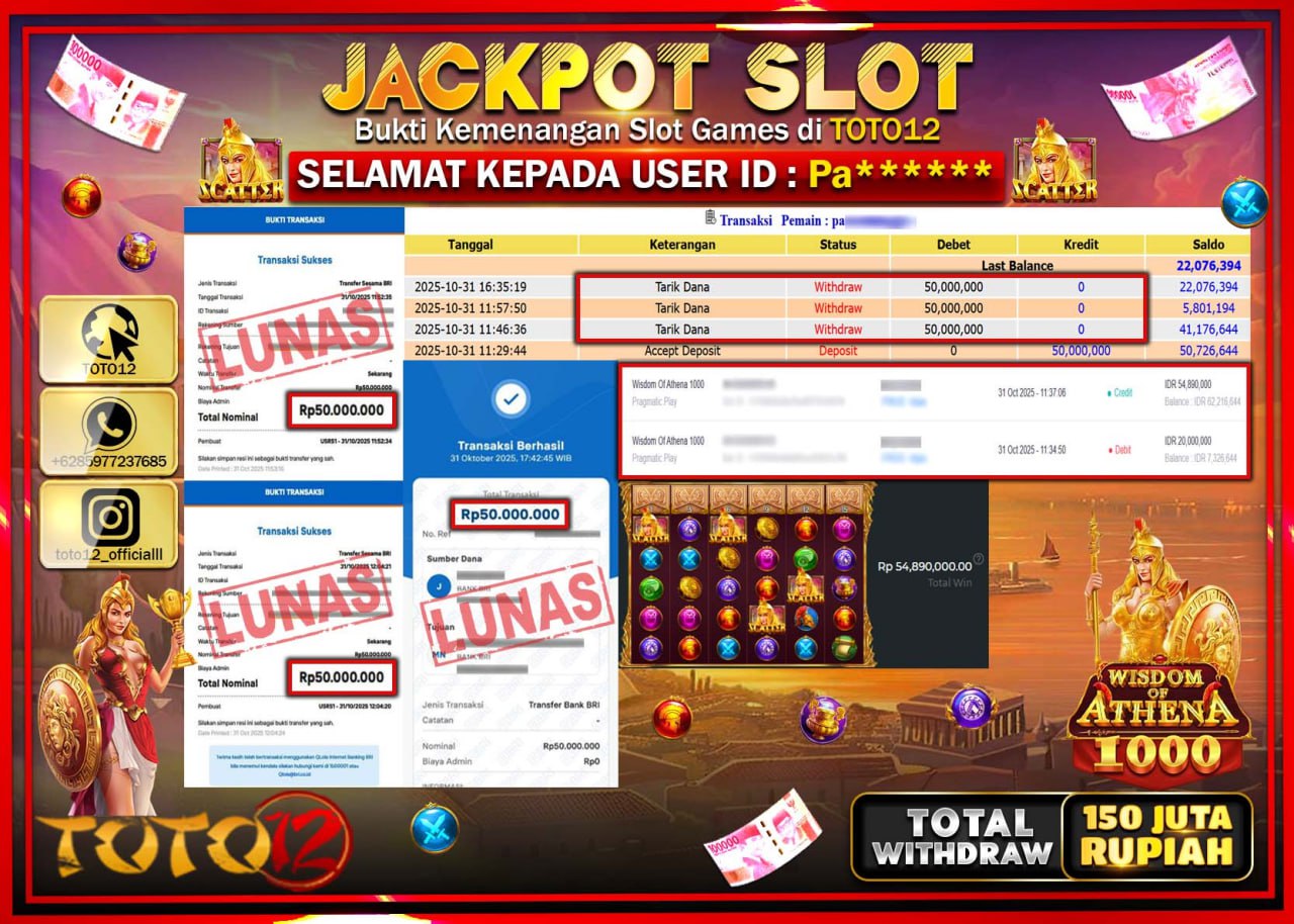 HANYA DI TOTO12 JP PASTI DI BAYAR LUNAS DAN CEPAT!!!!!! JACKPOT SLOT GAME (WISDOM OF ATHENA 1000) Rp.150.000.000 !!!!