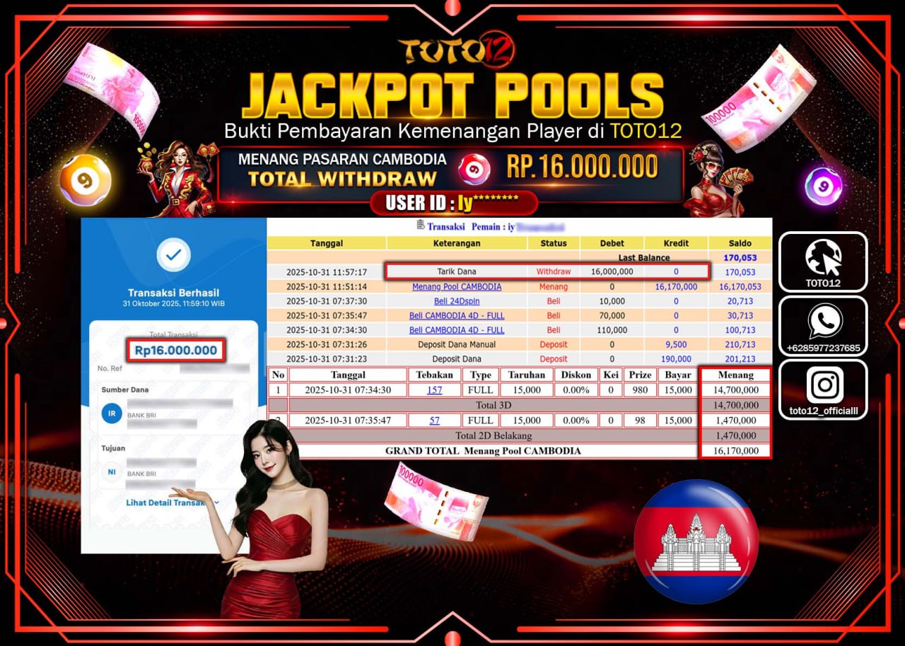 HANYA DI TOTO12 JP PASTI DI BAYAR LUNAS DAN CEPAT!!!!!! JACKPOT POOLS PASARAN (CAMBODIA) Rp.16.000.000 !!!!