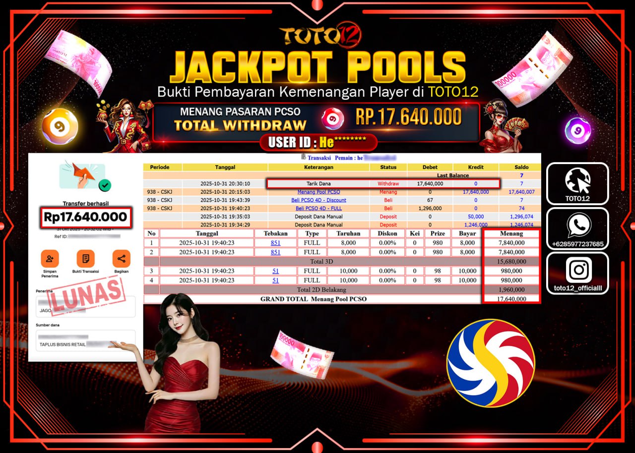 HANYA DI TOTO12 JP PASTI DI BAYAR LUNAS DAN CEPAT!!!!!! JACKPOT POOLS PASARAN (PCSO) Rp.17.640.000 !!!!