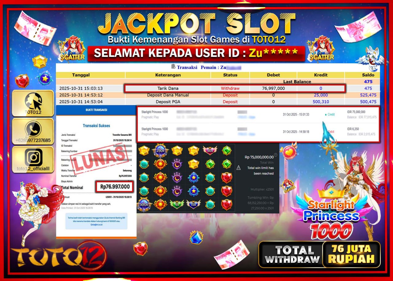 HANYA DI TOTO12 JP PASTI DI BAYAR LUNAS DAN CEPAT!!!!!! JACKPOT SLOT GAME (STARLIGHT PRINCESS 1000) Rp.76.997.000 !!!!