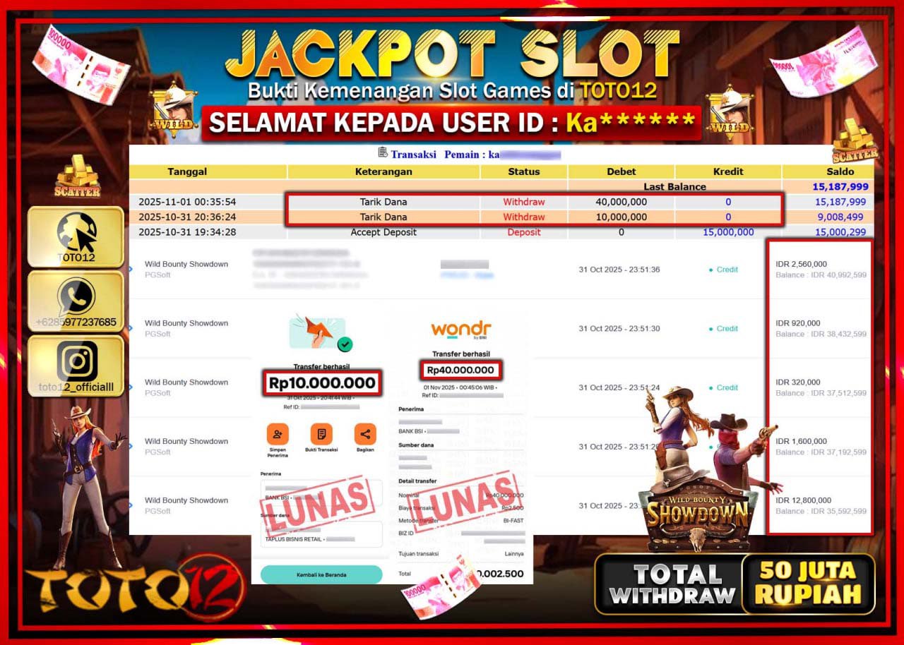 HANYA DI TOTO12 JP PASTI DI BAYAR LUNAS DAN CEPAT!!!!!! JACKPOT SLOT GAME (WILD BOUNTY SHOWDOWN) Rp.50.000.000 !!!!