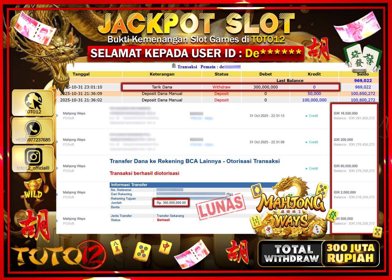HANYA DI TOTO12 JP PASTI DI BAYAR LUNAS DAN CEPAT!!!!!! JACKPOT SLOT GAME (MAHJONG WAYS) Rp.300.000.000 !!!!