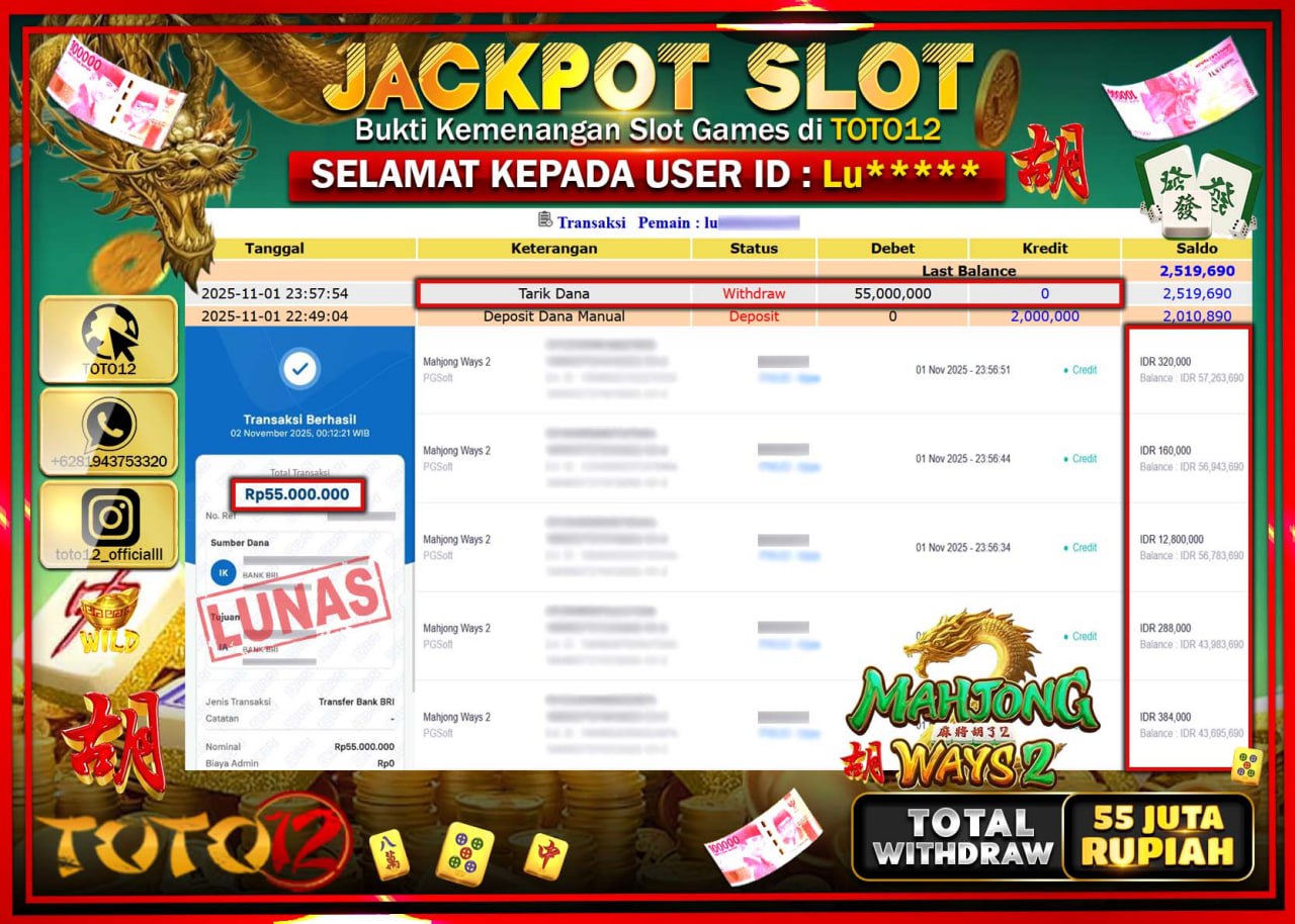 HANYA DI TOTO12 JP PASTI DI BAYAR LUNAS DAN CEPAT!!!!!! JACKPOT SLOT GAME (MAHJONG WAYS 2) Rp.55.000.000 !!!!