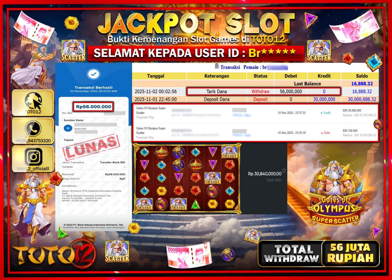 HANYA DI TOTO12 JP PASTI DI BAYAR LUNAS DAN CEPAT!!!!!! JACKPOT SLOT GAME (GATES OF OLYMPUS SUPER SCATTER) Rp.56.000.000 !!!!