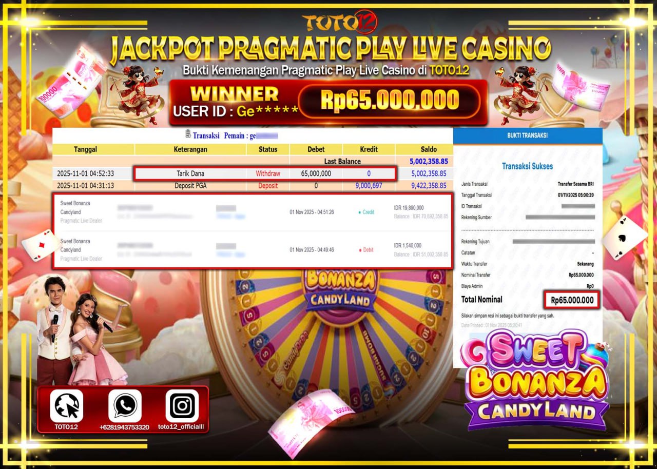 HANYA DI TOTO12 JP PASTI DI BAYAR LUNAS DAN CEPAT!!!!!! JACKPOT PRAGMATIC PLAY LIVE CASINO (SWEET BONANZA CANDYLAND) Rp.65.000.000 !!!!
