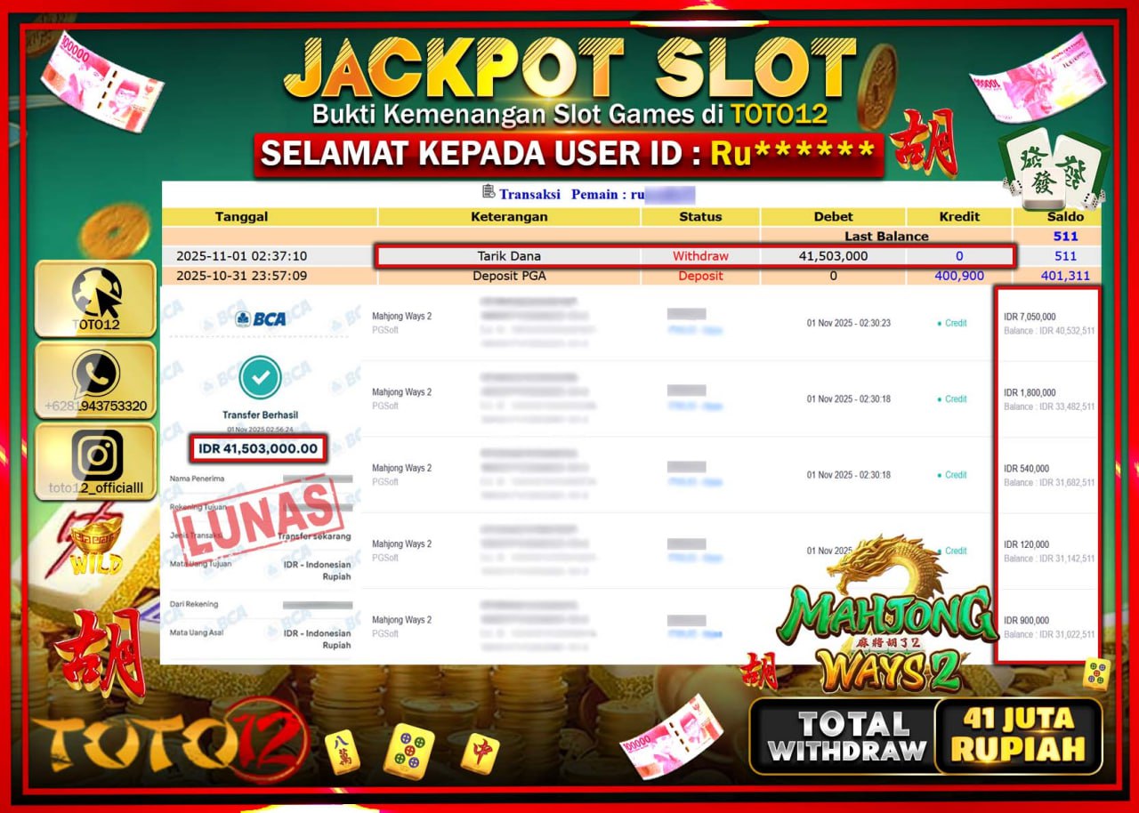 HANYA DI TOTO12 JP PASTI DI BAYAR LUNAS DAN CEPAT!!!!!! JACKPOT SLOT GAME (MAHJONG WAYS 2) Rp.41.503.000 !!!!