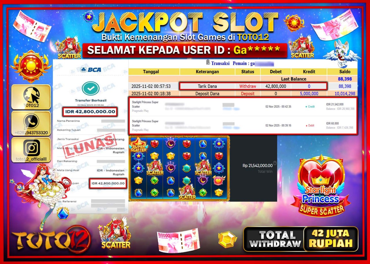 HANYA DI TOTO12 JP PASTI DI BAYAR LUNAS DAN CEPAT!!!!!! JACKPOT SLOT GAME (STARLIGHT PRINCESS SUPER SCATTER) Rp.42.800.000 !!!!