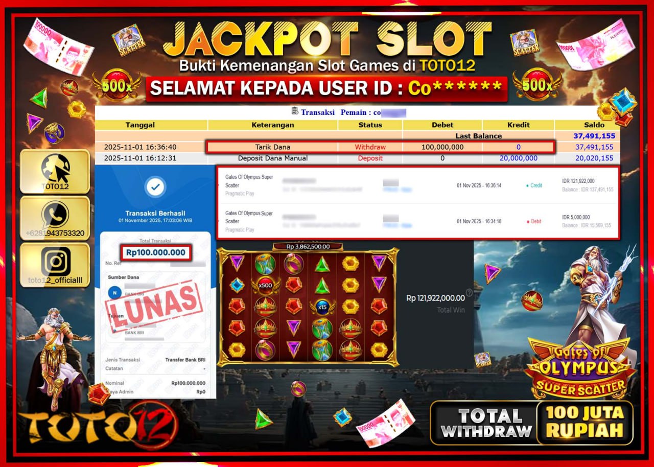 HANYA DI TOTO12 JP PASTI DI BAYAR LUNAS DAN CEPAT!!!!!! JACKPOT SLOT GAME (GATES OF OLYMPUS SUPER SCATTER) Rp.100.000.000 !!!!