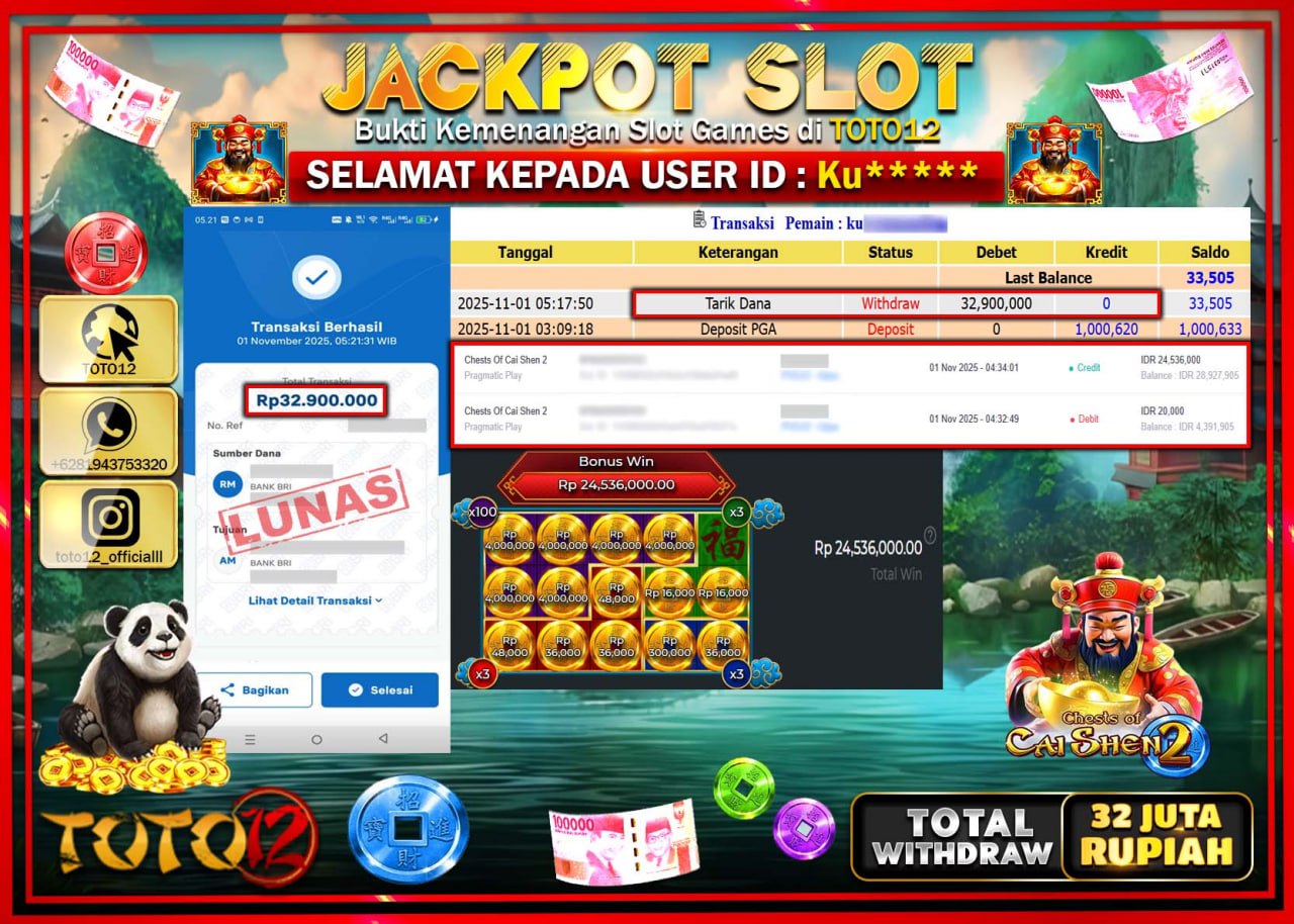 HANYA DI TOTO12 JP PASTI DI BAYAR LUNAS DAN CEPAT!!!!!! JACKPOT SLOT GAME (CHESTS OF CAI SHEN 2) Rp.32.900.000 !!!!