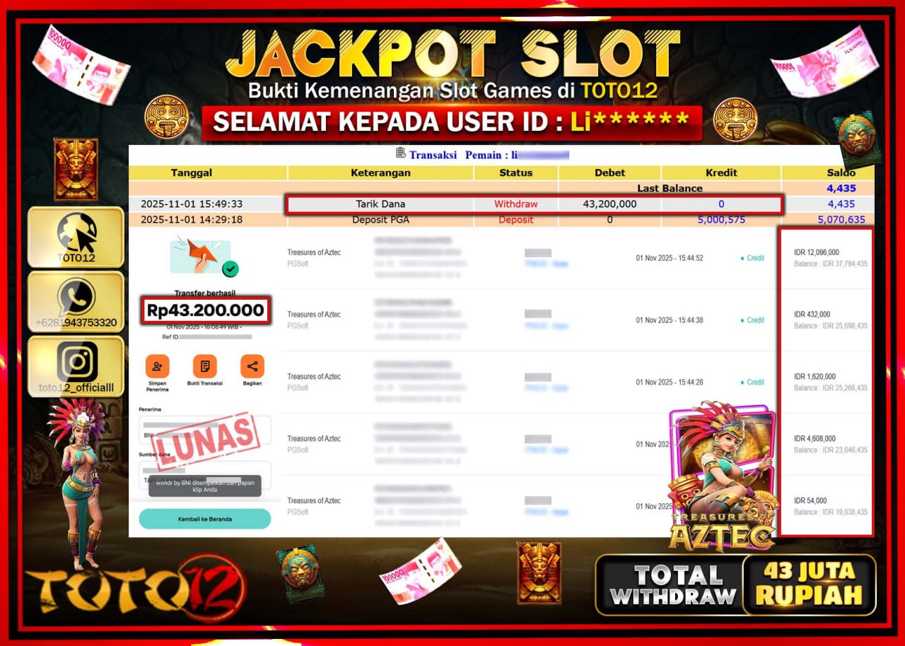 HANYA DI TOTO12 JP PASTI DI BAYAR LUNAS DAN CEPAT!!!!!! JACKPOT SLOT GAME (TREASURES AZTEC) Rp.43.200.000 !!!!