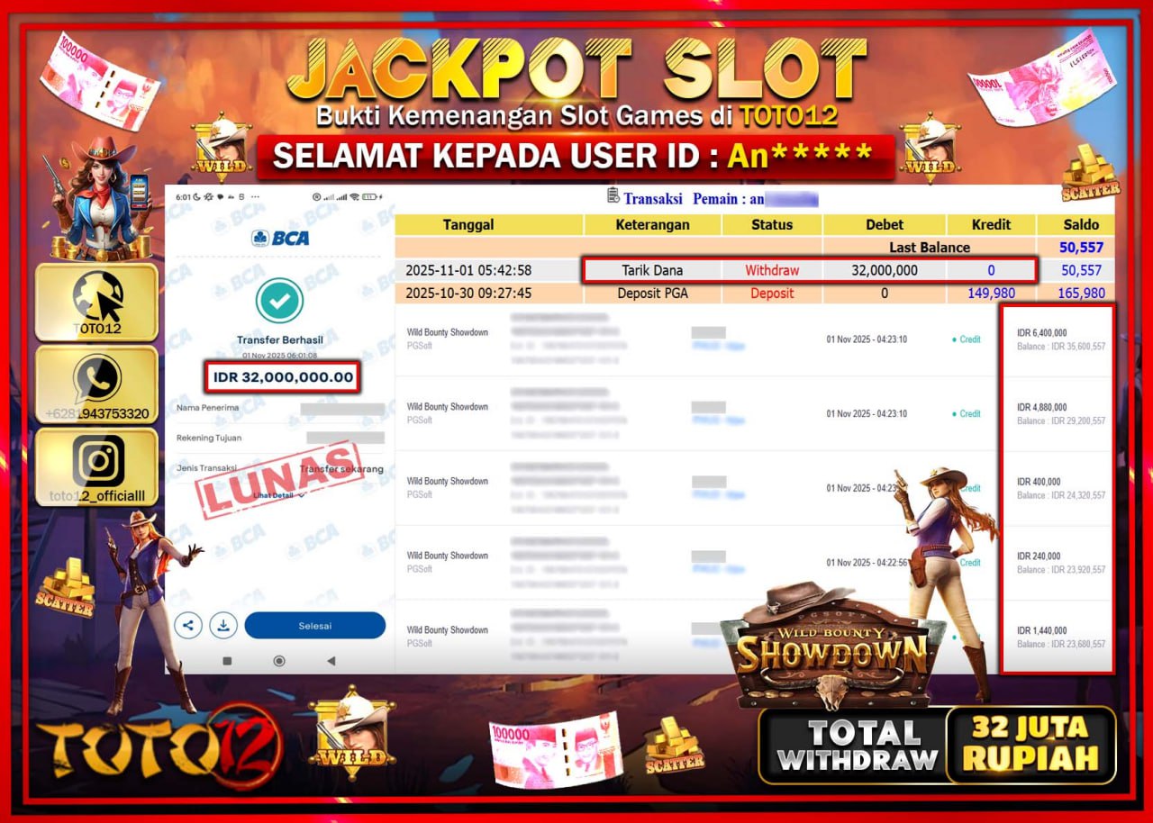 HANYA DI TOTO12 JP PASTI DI BAYAR LUNAS DAN CEPAT!!!!!! JACKPOT SLOT GAME (WILD BOUNTY SHOWDOWN) Rp.32.000.000 !!!!